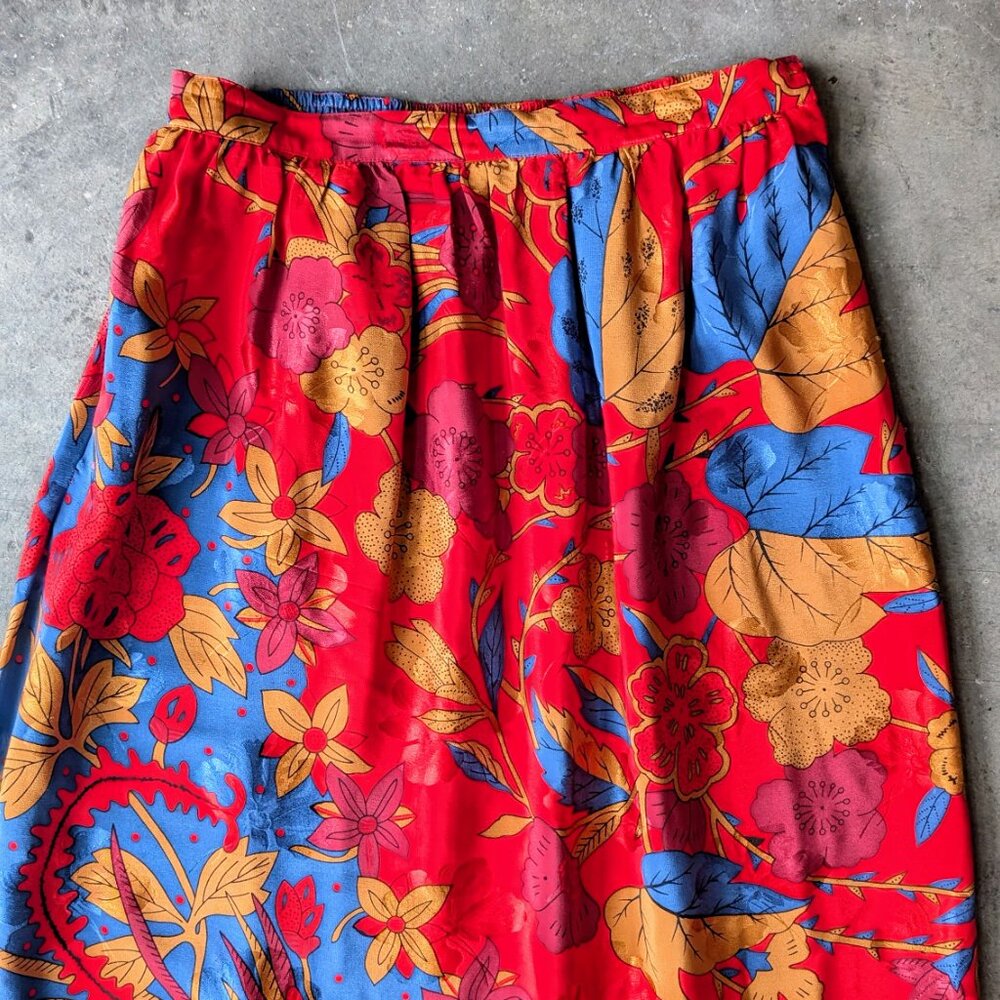 Vintage Umi Collections by Anne Crimmins Red Blue Patterned Silk Midi Skirt - Picture 4 of 9